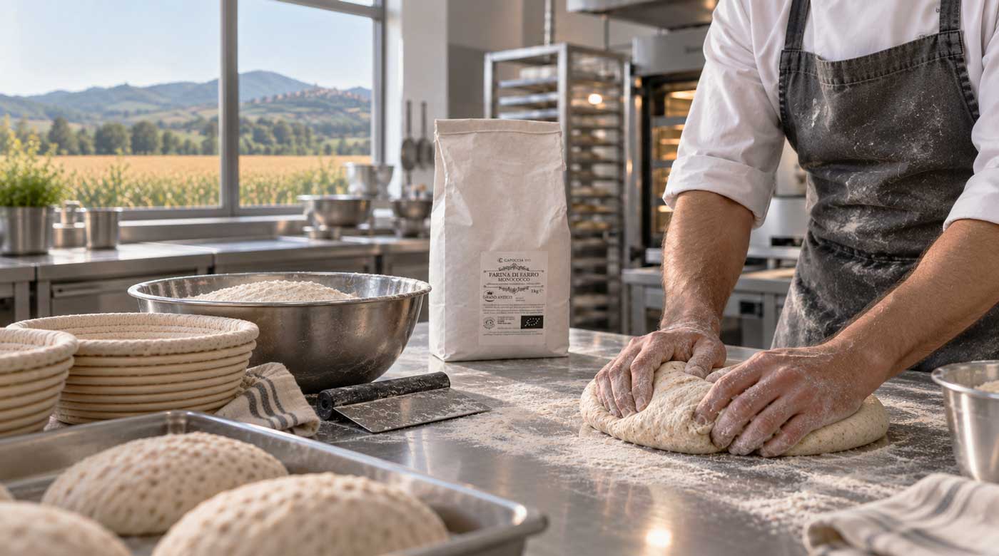 un professionsta sta preparando prodotti per la sua attività utilizzando materie prime Capoccia Bio.